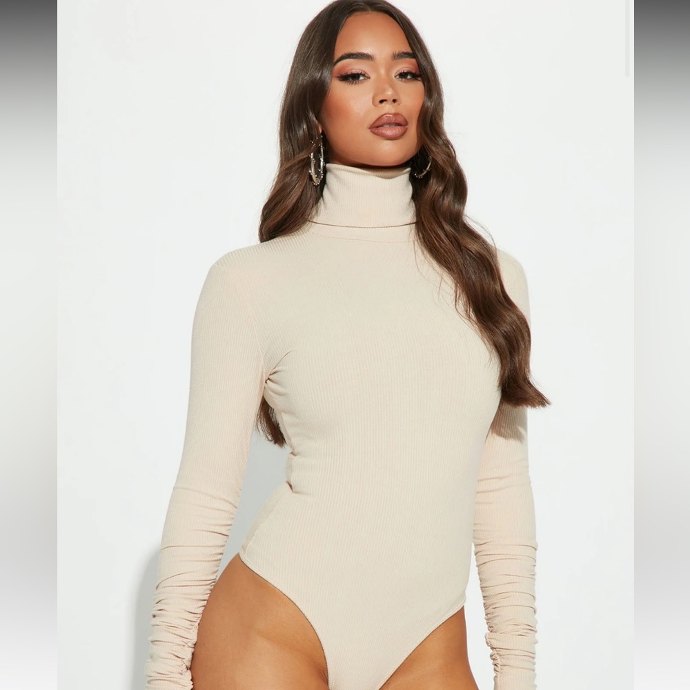 Fashion Nova Olivia Snatched Cream Turtleneck Ribbed Thong Bodysuit